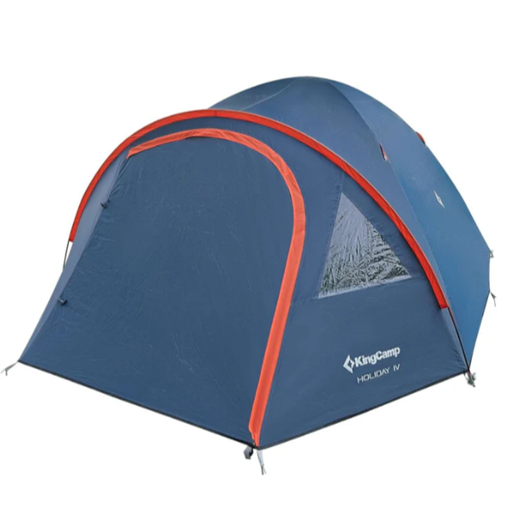 Kamping šotor KingCamp Holiday IV v modri barvi, bočni pogled z jasno vidnim vhodom in prezračevalnim oknom.