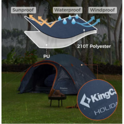 Kamping šotor KingCamp Holiday IV iz 210T poliestra, prikaz zaščite pred soncem, dežjem in vetrom, primeren za uporabo na prostem.