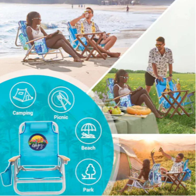 Zložljivi plažni stoli v uporabi na plaži, pikniku, v parku in pri kampiranju.
