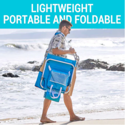 Lahka in zložljiva plažna stolica z naramnico, primerna za enostavno prenašanje.