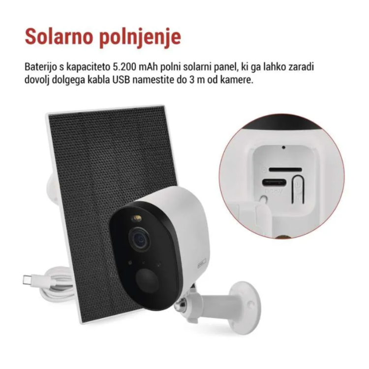 GoSmart IP-1150 SNAP zunanja kamera, prikazana s solarnim panelom in priključkom za polnjenje baterije prek USB‑C povezave.