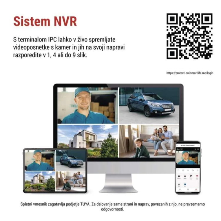 GoSmart IP-1150 SNAP zunanja kamera, prikazana z NVR sistemom za spremljanje posnetkov na računalniku, tablici in pametnem telefonu.
