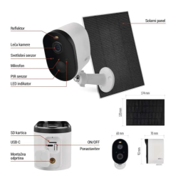 GoSmart IP-1150 SNAP zunanja kamera, prikazana s tehničnim prikazom kamere, solarnega panela, priključkov in dimenzij naprave. Vidne so dimenzije kamere 93 × 60 × 70 mm ter solarnega panela 174 × 120 mm. 