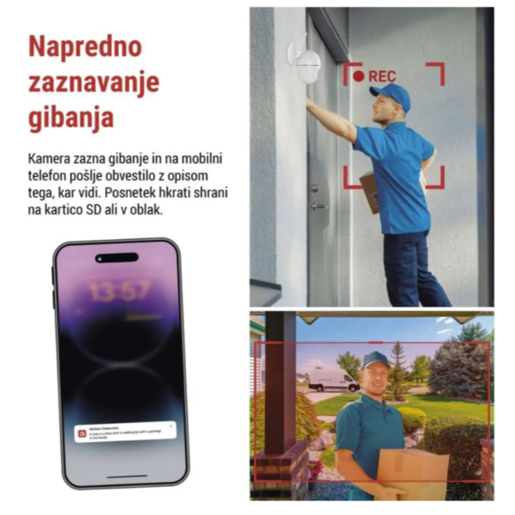 GoSmart IP-1150 SNAP zunanja kamera, prikazana z naprednim zaznavanjem gibanja, obvestili na mobilni telefon in prepoznavanjem oseb pred vhodom.