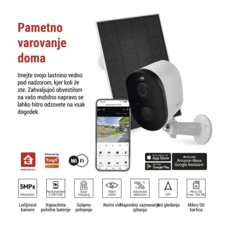 GoSmart IP-1150 SNAP zunanja kamera z Wi‑Fi povezavo, prikazana s solarnim panelom, mobilno aplikacijo in glavnimi funkcijami nadzora doma.