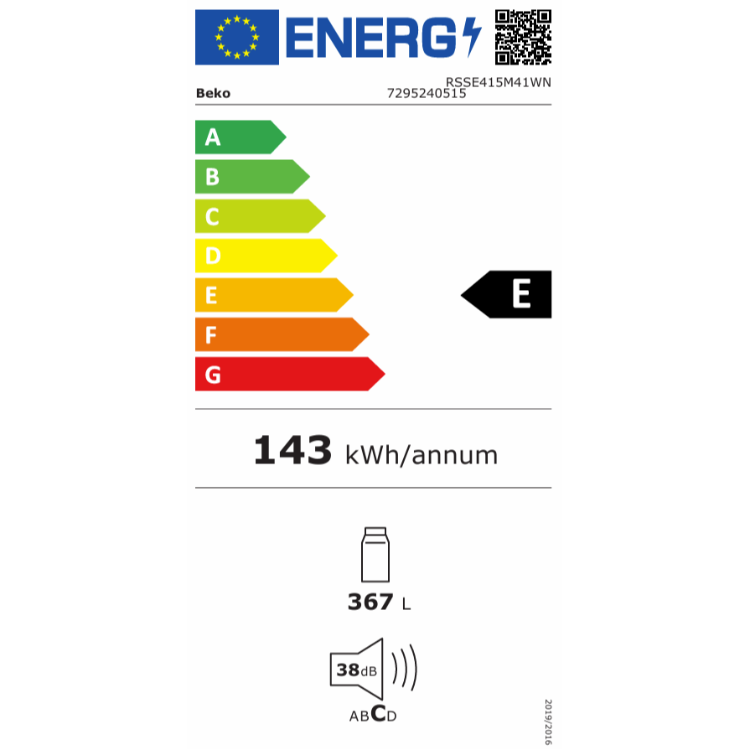 Energijska nalepka za hladilnik Beko RSSE415M41WN z energijskim razredom E, letno porabo 143 kWh, prostornino 367 L in glasnostjo 38 dB