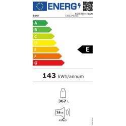 Energijska nalepka za hladilnik Beko RSSE415M41WN z energijskim razredom E, letno porabo 143 kWh, prostornino 367 L in glasnostjo 38 dB