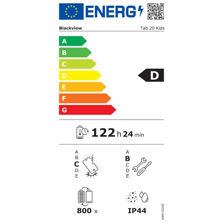 Blackview energijska nalepka za Tab 20 Kids z energijskim razredom D, IP44 zaščito in avtonomijo 122 ur 24 min.