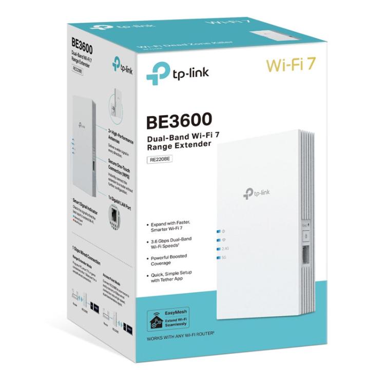 Kompaktni ojačevalnik Wi‑Fi signala TP-Link RE220BE z elegantnim belim ohišjem, LED-indikatorji stanja in podporo za Wi‑Fi 7 zagotavlja hitrejše, zanesljivejše in širše brezžično omrežje za sodobne naprave.