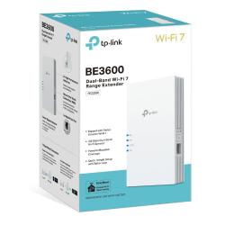 Kompaktni ojačevalnik Wi‑Fi signala TP-Link RE220BE z elegantnim belim ohišjem, LED-indikatorji stanja in podporo za Wi‑Fi 7 zagotavlja hitrejše, zanesljivejše in širše brezžično omrežje za sodobne naprave.