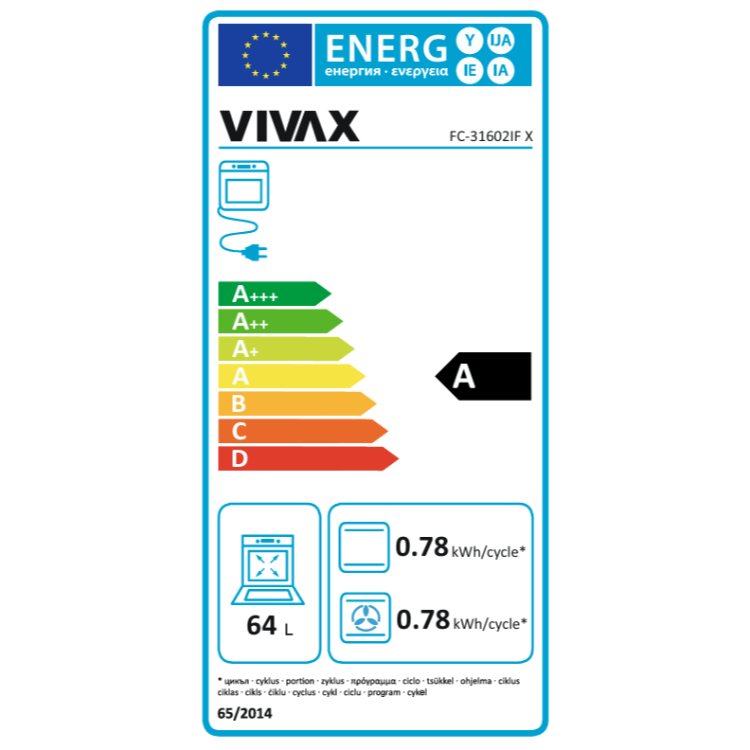 Energetska nalepka EU za samostoječi štedilnik Vivax FC-31602IF X z energijskim razredom A, prostornino pečice 64 l in porabo 0,78 kWh na cikel.