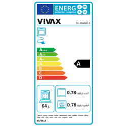 Energetska nalepka EU za samostoječi štedilnik Vivax FC-31602IF X z energijskim razredom A, prostornino pečice 64 l in porabo 0,78 kWh na cikel.