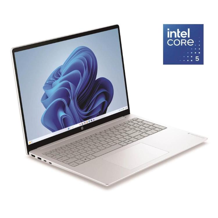 HP OmniBook 3 z Intel Core 5 procesorjem, prikazan pod kotom z odprtim zaslonom in sodobnim srebrnim dizajnom.