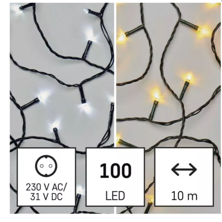 Božična veriga 2v1,100 LED, 10 m, zunanja in notranja, topla/hladna bela, programi_1