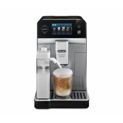 De’Longhi Eletta Ultra avtomatski kavni aparat s kozarcem ledene kave in mlečnim vsebnikom, sprednji pogled.