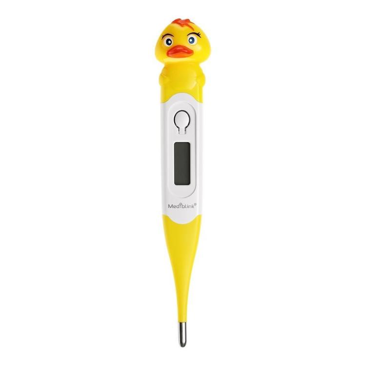 Otroški digitalni termometer v obliki račke s prilagodljivo konico in LCD-zaslonom za merjenje temperature.