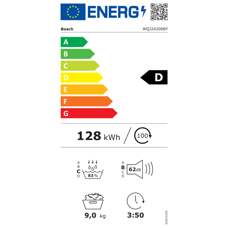 Energijska nalepka za sušilni stroj Bosch WQJ24200BY z energijskim razredom D, porabo 128 kWh na 100 ciklov, zmogljivostjo 9 kg, učinkovitostjo kondenzacije 83 %, glasnostjo 62 dB in trajanjem programa 3 h 50 min.