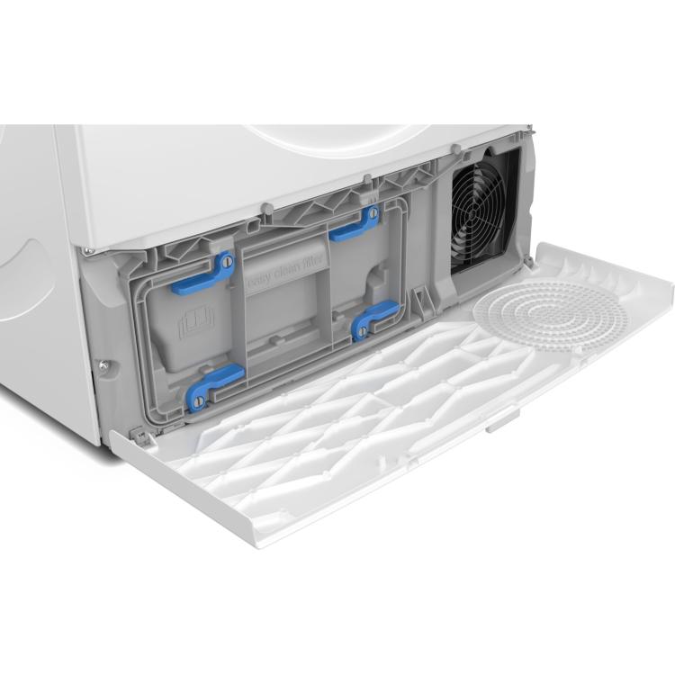 Odprt spodnji servisni pokrov sušilnega stroja Bosch s filtrom in ventilatorjem