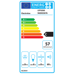 Energijska nalepka za kuhinjsko napo Electrolux LFP326S z energijskim razredom C, letno porabo 57 kWh, razredom učinkovitosti ventilatorja D, osvetlitve E, filtracije maščob D ter glasnostjo 69 dB.