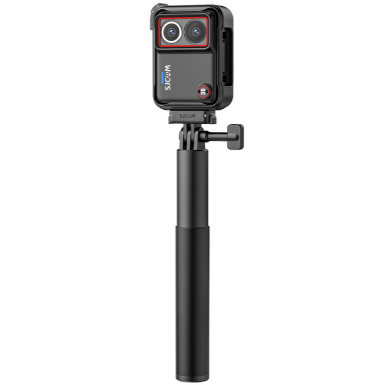 SJCAM 360° akcijska kamera v črni barvi, prikazana z brezžičnim ročajem za upravljanje snemanja in fotografiranja na daljavo.