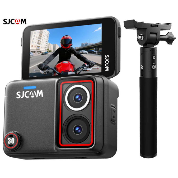 SJCAM 360° akcijska kamera v črni barvi, prikazana z dvojnim objektivom za panoramsko snemanje in priloženim podaljšljivim ročajem.