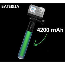 SJCAM 360° akcijska kamera v črni barvi, prikazana z ročajem za napajanje z vgrajeno baterijo kapacitete 4200 mAh za podaljšan čas snemanja.