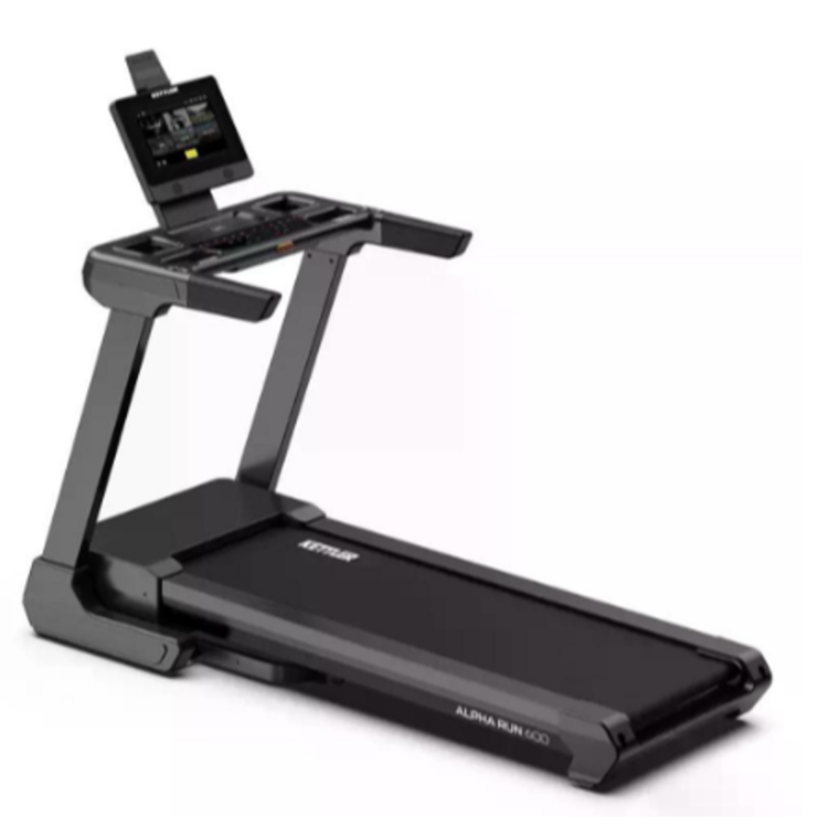 Tekalna steza Kettler ALPHA RUN 600 v temno sivi barvi z napredno konzolo, držalom za tablico in široko tekalno površino.