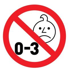 Opozorilni simbol prepovedi za otroke od 0 do 3 let zaradi majhnih delov.