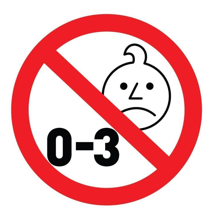 Opozorilni simbol prepovedi za otroke od 0 do 3 let zaradi majhnih delov.