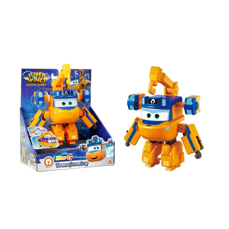 Transformirajoča figura Marty iz Super Wings Electric Heroes, ki se iz delovnega vozila z dvigalom spremeni v robota, primerna za otroke 3+.