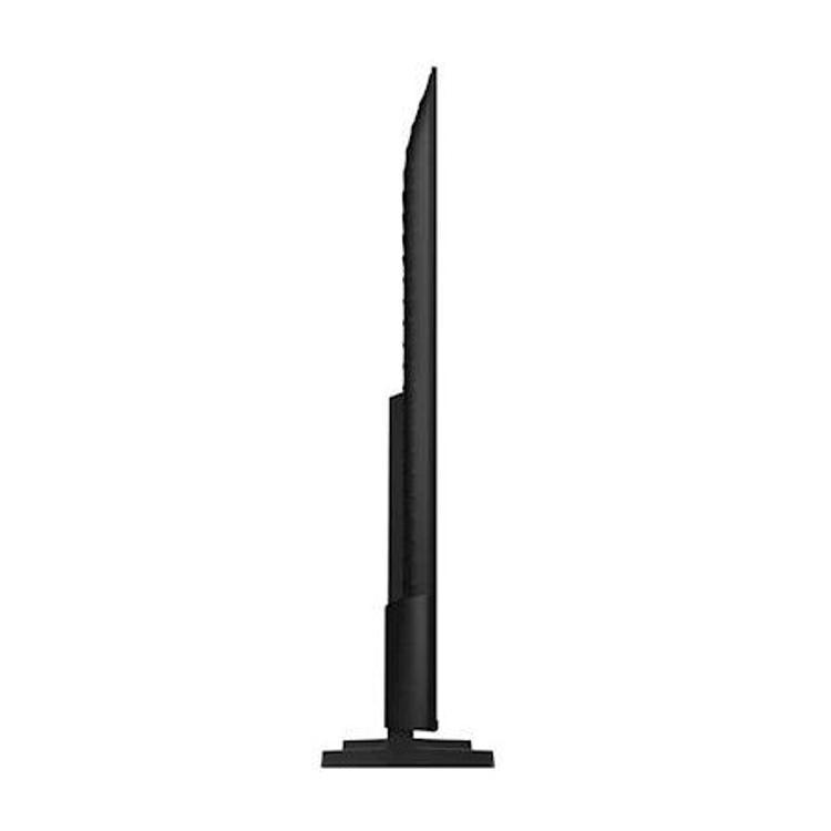 Samsung Mini LED TV, stranski pogled, zelo tanek profil z osrednjim nosilcem in stabilnim podstavkom.