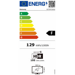 Energijska nalepka Samsung UE75M70HAU, razred F, poraba 129 kWh/1000 h, HDR 195 kWh, diagonala 75".