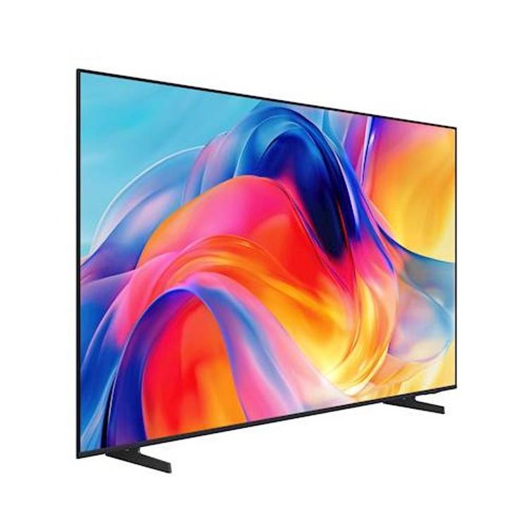 Samsung Mini LED TV, poševni sprednji pogled, tanek črn okvir, živahen barvni prikaz in široko razmaknjeni nogi.
