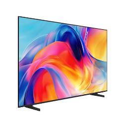 Samsung Mini LED TV, poševni sprednji pogled, tanek črn okvir, živahen barvni prikaz in široko razmaknjeni nogi.
