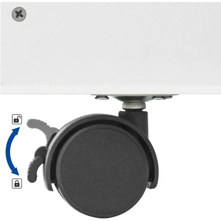 Detajl kolesca z zavoro na otroški knjižni polici s shranjevalno škatlo.