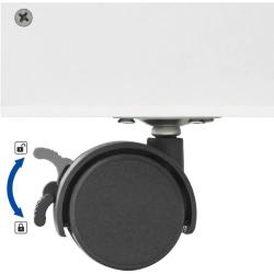 Detajl kolesca z zavoro na otroški knjižni polici s shranjevalno škatlo.