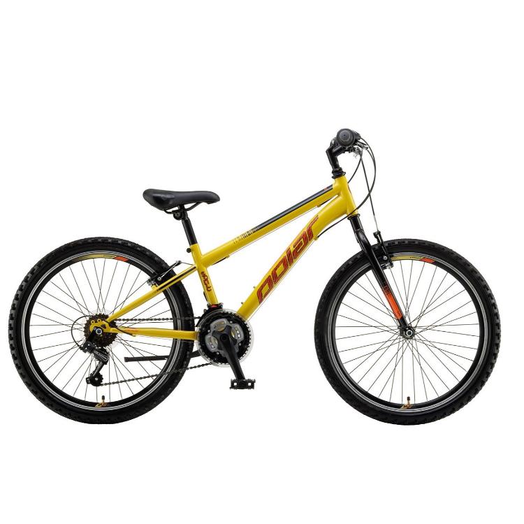 Otroško kolo Polar Sonic 24, rumeno‑črno, tog okvir, V‑zavore, večstopenjski menjalnik, terenske pnevmatike.