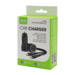 Embalaža avtomobilskega polnilnika Chameleon 48W z USB‑C in USB‑A priključkoma ter podporo hitremu polnjenju.