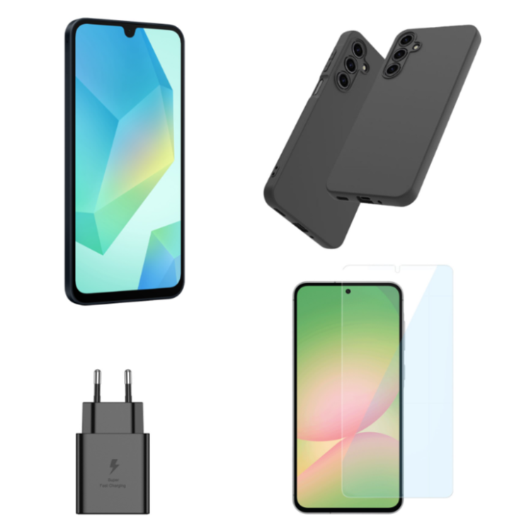 Pametni telefon Samsung A16 z zaslonom in zaščitnim ovitkom, skupaj s Samsung hitrim polnilcem in zaščitnim steklom za zaslon