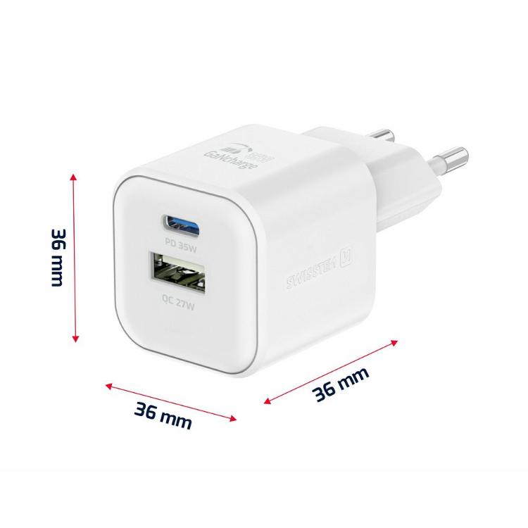 Hitri stenski polnilnik Swissten GaN 35 W z USB‑C Power Delivery izhodom 35 W in USB‑A Quick Charge izhodom 27 W omogoča hitro ter učinkovito polnjenje pametnih telefonov, tablic in drugih združljivih naprav.