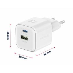 Hitri stenski polnilnik Swissten GaN 35 W z USB‑C Power Delivery izhodom 35 W in USB‑A Quick Charge izhodom 27 W omogoča hitro ter učinkovito polnjenje pametnih telefonov, tablic in drugih združljivih naprav.