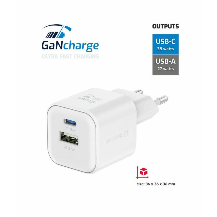 Hitri stenski polnilnik Swissten GaN 35 W z USB‑C Power Delivery izhodom 35 W in USB‑A Quick Charge izhodom 27 W omogoča hitro ter učinkovito polnjenje pametnih telefonov, tablic in drugih združljivih naprav.