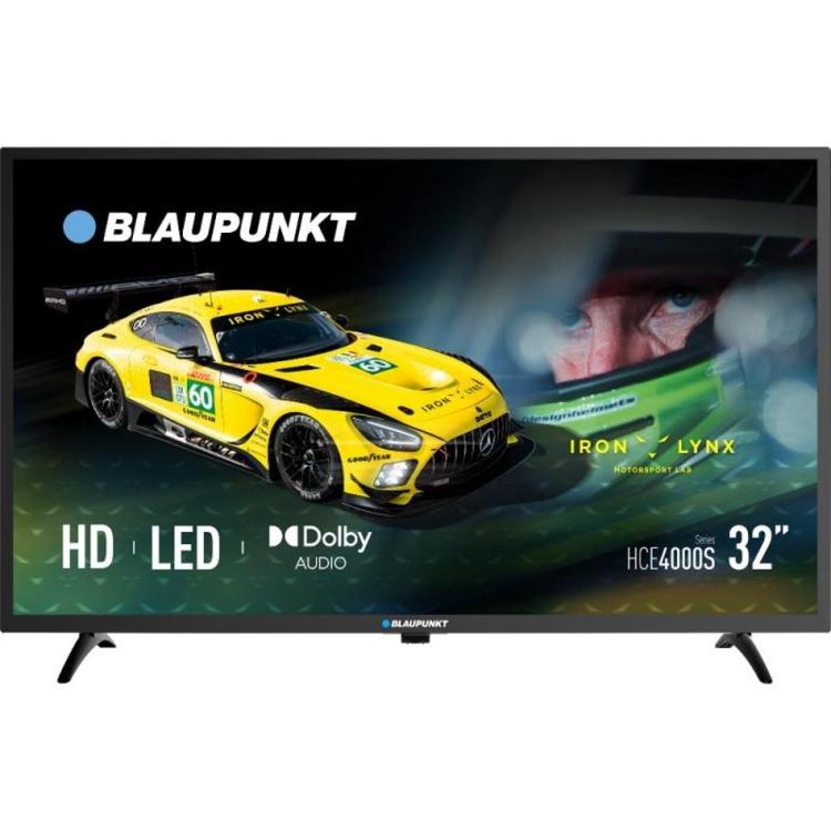 Blaupunkt 32″ HD LED TV HCE4000S, čelni pogled z ozkimi robovi in stojaloma, športna grafika na zaslonu.