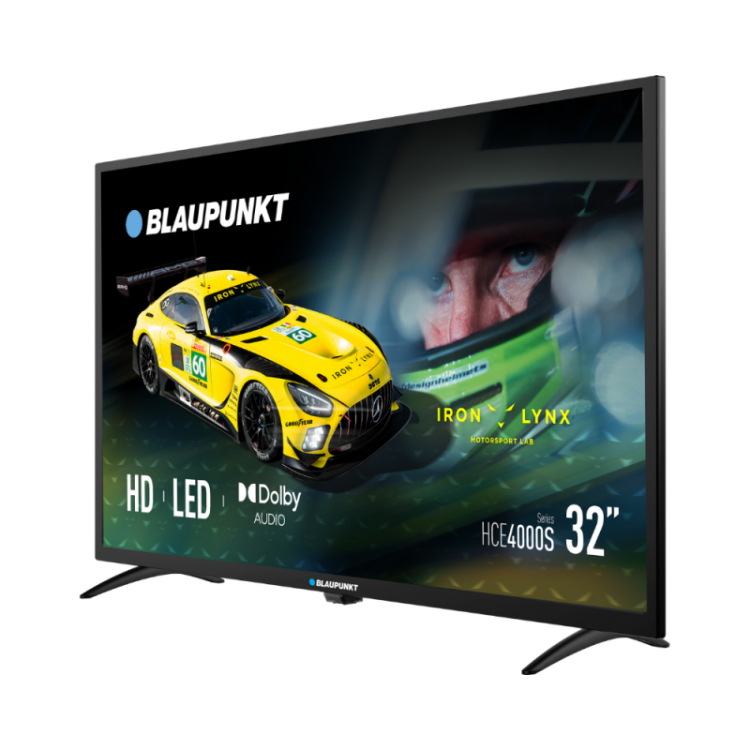 Blaupunkt 32″ HD LED televizor, model HCE4000S, prikaz športnega avtomobila, podpora Dolby Audio, črn okvir.