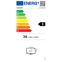 EU energijska nalepka za Blaupunkt 32HCE4000S, razred E, poraba 26 kWh/1000 h, diagonala 32″.