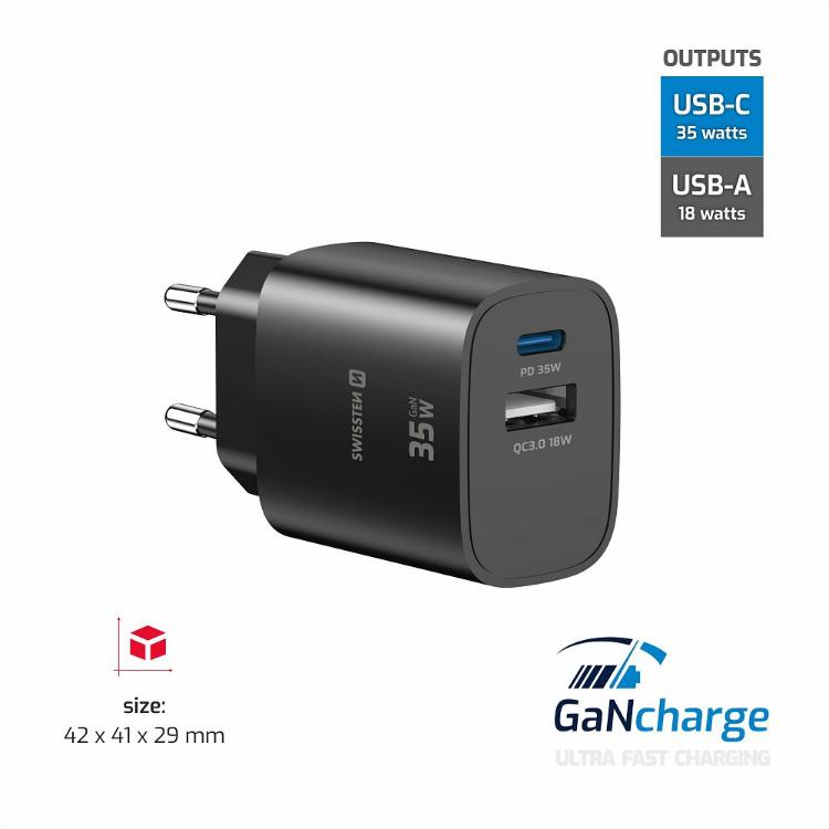 Hitri stenski polnilnik Swissten Edge GaN 35 W v elegantni črni izvedbi z USB‑C Power Delivery izhodom 35 W in USB‑A Quick Charge 3.0 izhodom 18 W omogoča hitro ter učinkovito polnjenje pametnih telefonov, tablic in drugih združljivih naprav.