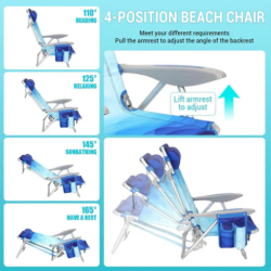 Plažni stol s štirimi nastavljivimi položaji naslonjala, prikaz različnih kotov sedenja in ležanja.