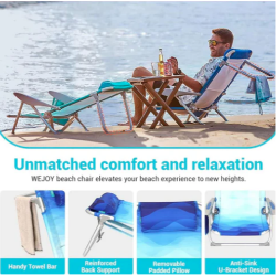 Plažni stol v uporabi na plaži, z odstranljivo blazino, ojačanim naslonjalom in stabilno konstrukcijo.