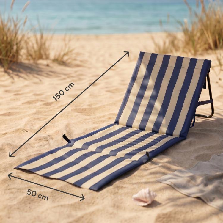 Plažna podloga z naslonjalom na pesku z označenimi dimenzijami 150 × 50 cm, primerna za plažo.