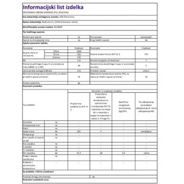 Hladilnik z zamrzovalnikom VOX KG 2800 F, 243 l, bela